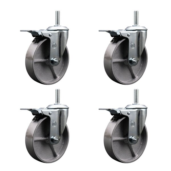 5 Inch Semi Steel Swivel 34 Inch Threaded Stem Caster Set with Total Lock Brake